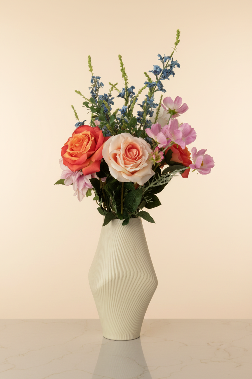 Wild Romance silk flower arrangement in a cream geometric vase on a cream background
