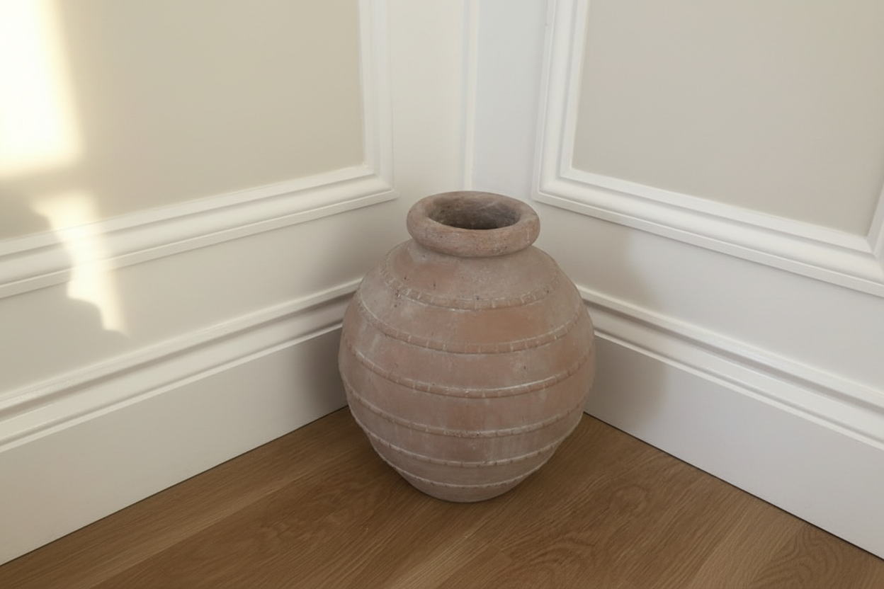 Terracotta vase on cream panelling