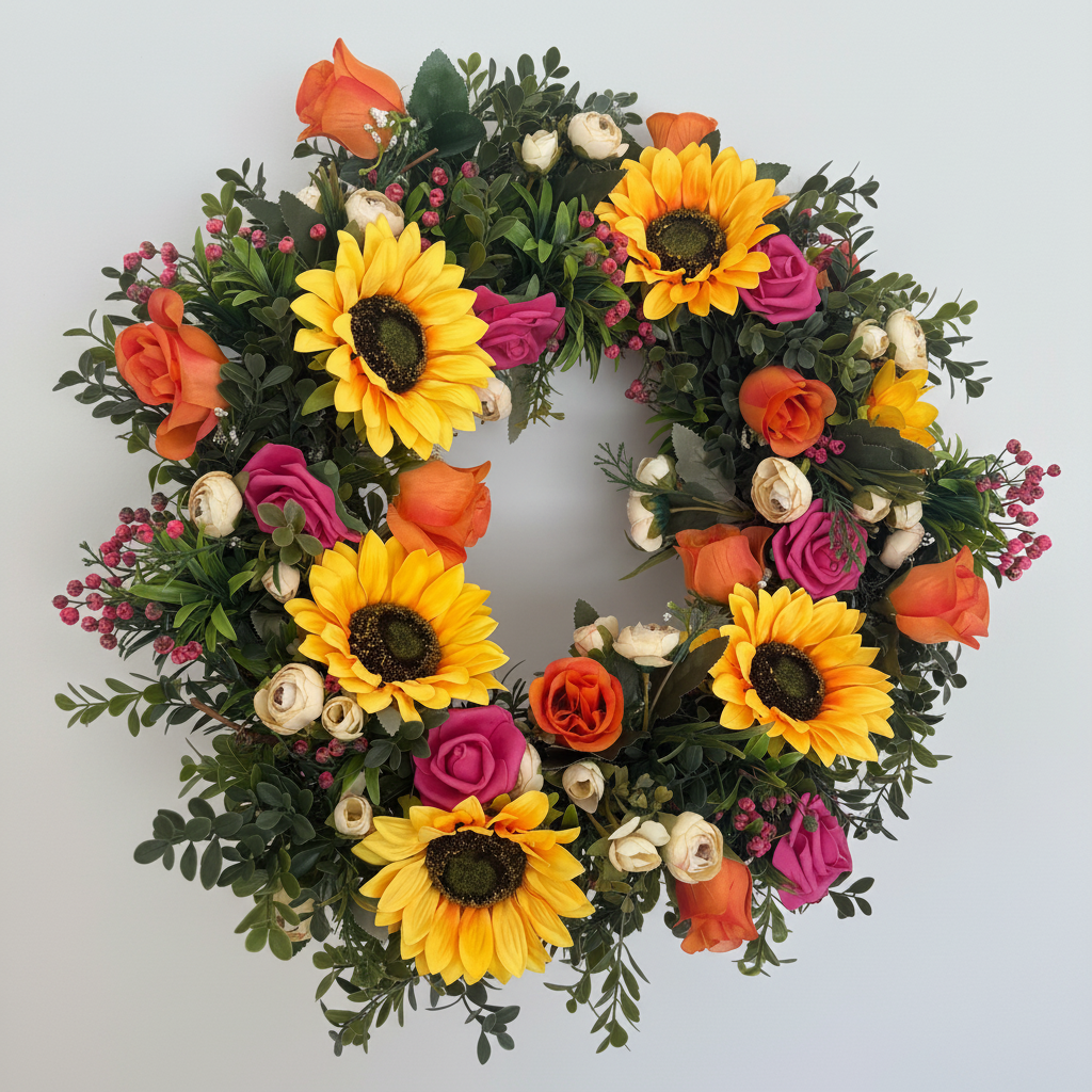 Summer silk flower wreath with sunflowers, orange and pink roses and green foliage on a cream background