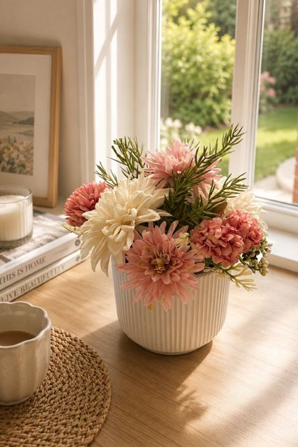 Floral arrangement in a white vase on a windowsill with a cup of coffee and books.